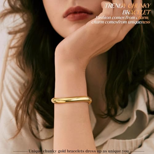 Chunky Gold Bracelet Gold Cuff Bangle Bracelets for Women Non Tarnish Teen Girl Gifts Trendy Stuff Wide Hinged Irregular Twisted Bangle Christmas Stocking Stuffers Minimalist Birthday Anniversary Jewelry