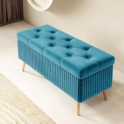 Puf rectangular verde de 60 cm con arcón organizador y patas de madera decorativas 2