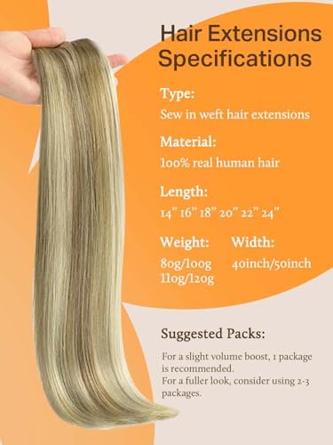 Image of DOORES Hair Extensions Real Human Hair, Light Brown Highlighted Medium Blonde 24 Inch 120g, Remy Weft Full Head Long Straight Sew in