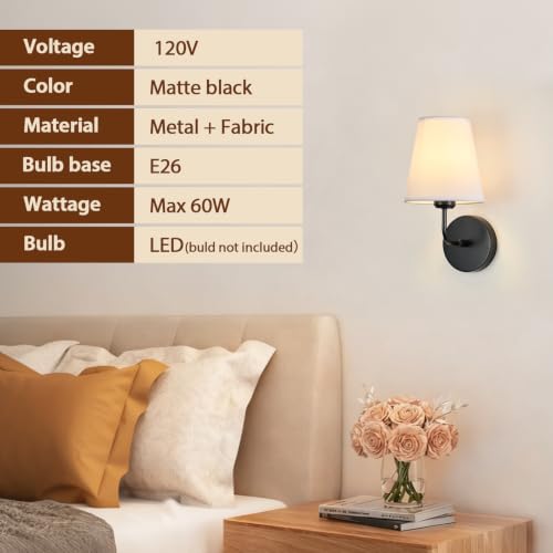 Image of Hardwired Wall Sconces Set of 2,Black Finish with White Fabric Shades,Small Indoor Wall Decor Lamp for Living Room Bedroom Bathroom