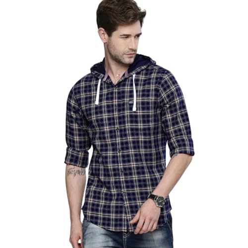 Image of The Indian Garage Co Men Slim Fit Checkered Full Sleeves Hooded Casual Shirt