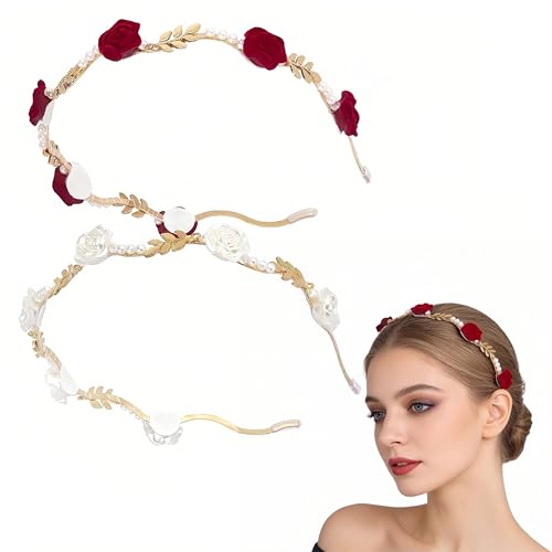 FANNAS 2 Pièces Bandeau Rose,Rouge Blanc Rose Bandeau à Perles,Couronne de Fleurs pour Cheveux Serre Tete Fleur,Accessoires pour Cheveux Élégants,pour les...