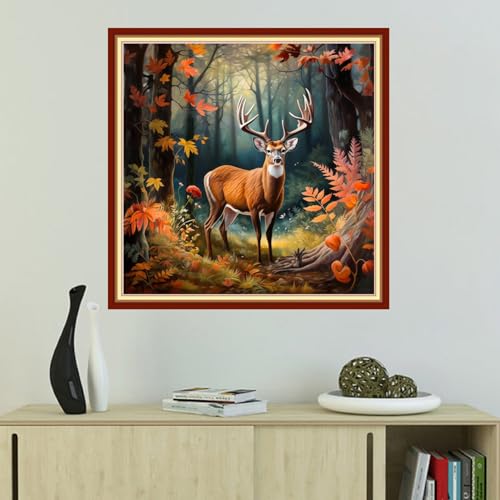 Image of Foxhool Beginners Cross Stitch Kits Stamped Full Range of Embroidery Kits for Adults DIY Cross Stitches kit Embroidery Patterns for Needlepoint kit-Forest elk 18x18 inch