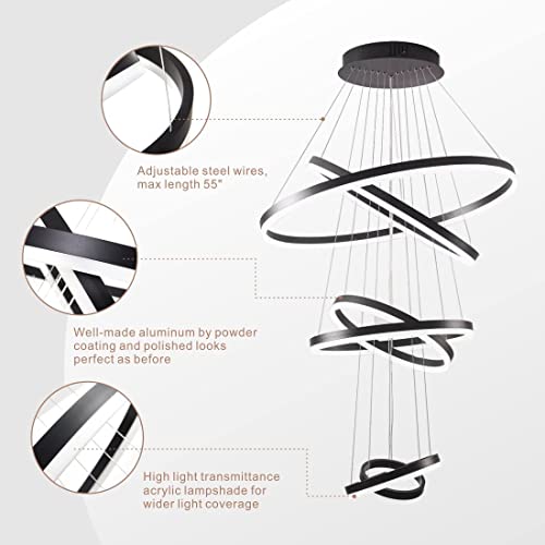 Modern Chandelier,Large 6 Rings High Ceiling Chandelier With Remote, Dimmable Black Led Chandelier For Living Room High Ceiling,Luxury Big Contemporary Staircase Foyer Entryway Chandeliers D31.5 Inch #TOP5