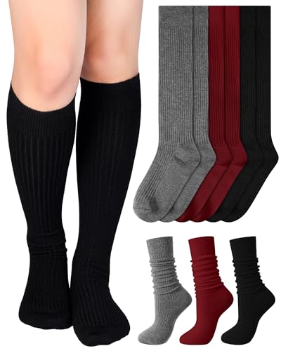 Shihanee 3 Pairs Winter Women Knee High Socks Long Ribbed Knit Slouchy Boot Socks Warm Gifts for Women Girls(Vintage Color)