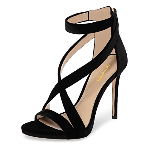 XYD Womens Criss Cross Ankle Strap Sandals Open Toe Stilettos High Heels Back Zipper Bridal Wedding Party Shoes 14 Black-Suede