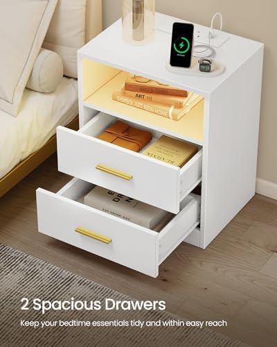 VASAGLE CUSTOS Collection - 40.1 cm Wide Nightstand with Charging Station, LED Lights, Modern Night Stand, Side End Table with Drawers, Open Shelf, 2 AC Outlets USB Ports, Cloud White ULET629WB03 - 1