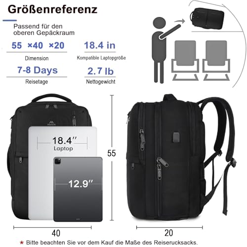 MATEIN Handgepäck Rucksack 55x40x20, Groß Reiserucksack Handgepäck Flugzeug Herren, 44L Laptop Rucksack 18.4 Zoll mit USB Ladeanschluss, Schuhfach, Wasserabweisend Damen für Lufthansa, Schwarz