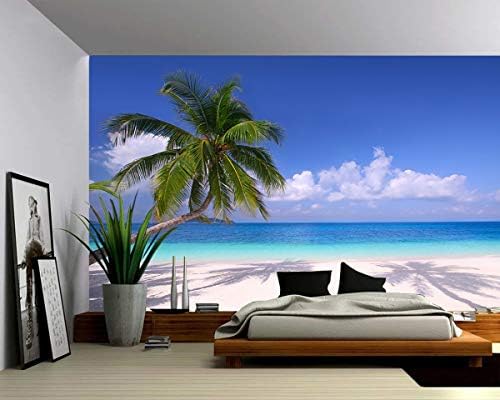 Picture Sensations® Canvas Texture Wall Mural, Seascape Palm Beach Summer Tropical Tree, Self-Adhesive Vinyl Wallpaper, Peel & Stick Fabric Wall Decal - 96x66