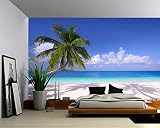Picture Sensations® Canvas Texture Wall Mural, Seascape Palm Beach Summer Tropical Tree, Self-Adhesi