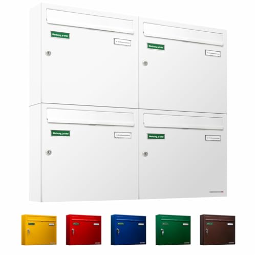 AL Briefkastensysteme Basic 4er Briefkasten RAL 9016 Verkehrs Weiss 4 Fach DIN A4 wetterfest Briefkastenanlage mit Posthaltebügel und 2 Namensschildern