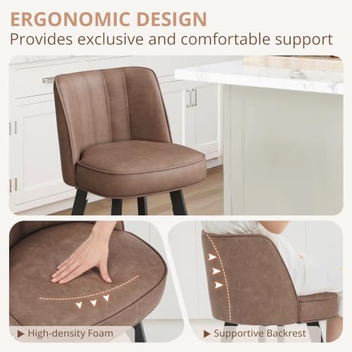 Image of LUE BONA 360-degree Swivel Bar Stools Set of 3, 26 inch Counter Height Bar Stools with High Back and Wood Legs, Morden Faux Leather Upholstered Barstools for Kitchen Counter, Saddle Brown