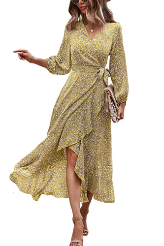 MOPOOGOSS Autumn Winter Dress for Women Birthday Fall Floral Wrap V Neckline Split Empire Waist Chiffon Boho Beach Flowy A Line Midi Maxi Long Dress Yellow Small