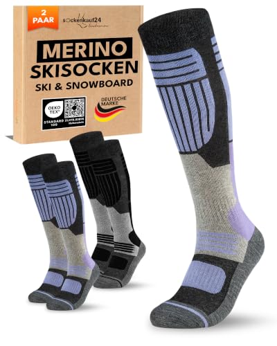 sockenkauf24 Damen Merino Skisocken 35-38 (2 Paar) Thermo Winter Kniestrümpfe mit Polsterung für Ski und Snowboard (Schwarz/Lila)