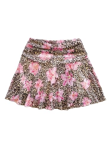 SOLY HUX Women's Leopard Floral Mesh Mini Skirt Y2k Ruched A Line Flared Summer Skirts