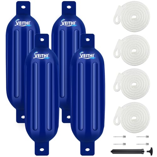 Boat fenders 4-pack with twin eyes, ribbed vinyl bumpers with pump