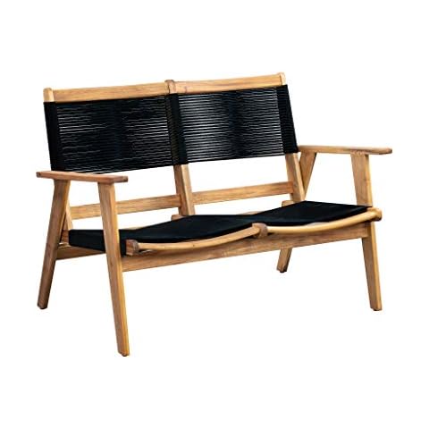 Patio Sense 63368 Kingsmen Loveseat Bench Mid Century Modern Wooden Bench Living Room Bedroom Patio Porch Poolside Entryway Hallway Indoors & Outdoors Solid Wood Construction Warm Teak Tones Cover