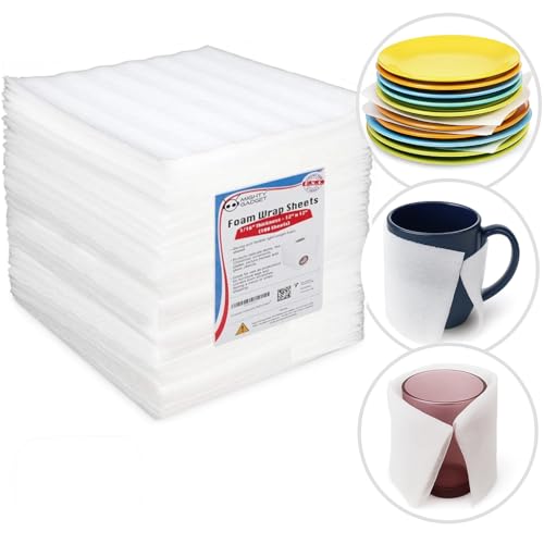 Mighty Gadget 100-Pack Foam Packing Sheets, 12" x 12" (1/16" Thick) Polyethylene, Pre-Cut Non-Abrasive Cushioning for Moving Shipping Storage, Dishes Glassware, Made in USA