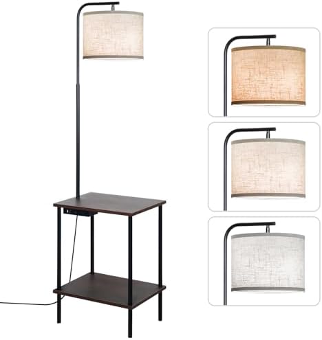 Floor Lamp with Table, End Table Lamp with USB Charging Port Power Outlet and Shelves, Side Table Reading Light with 3 Color Temperature Led Bulb Included, Floor Lamps for Living Room, Walnut