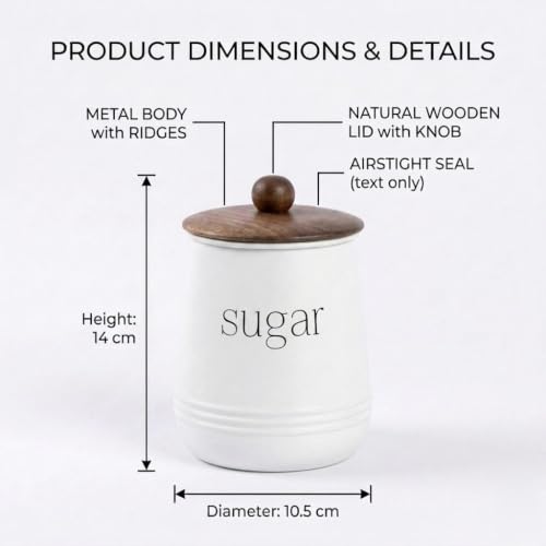 Image of Stylish Airtight Container for Kitchen, Tea Coffee Sugar Storage, White, Metal with Wooden Lid & Spoon, 1000ml, Canister for Kitchen Counter top | Food-Safe Jar Set of 3 (Tea coffee & Sugar)