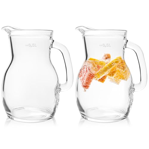 KONZEPT Hochwertiger Wasserkrug Glas 2 Stk Set 500ml Glaskrug Perfekt für Wasser, Milch, Säfte Wasserkanne mit ergonomischem Griff – In verschiedenen Größen erhältlich