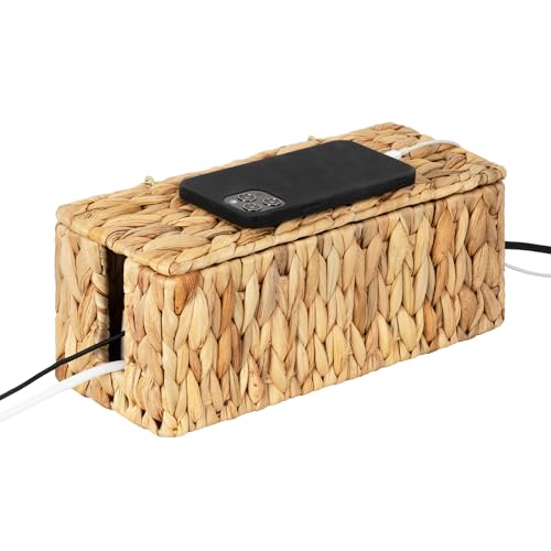 StorageWorks Cable Management Box, 2 Slots Wicker Cable Organizer to Hide Cords and Power Strip, Water Hyacinth Cord Hider Box for Home & Office