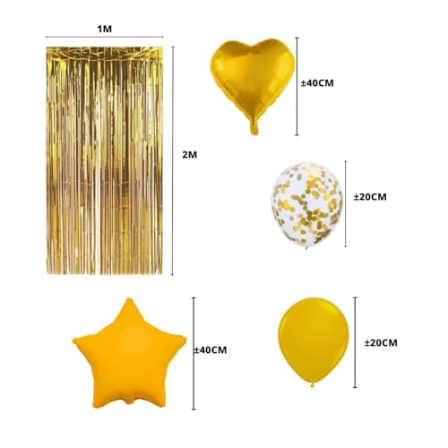 Kit 2 Cortinas Glitter Metalizadas e 10 Balões Coração Estrela Metalizado Festa Decoração- Dourado