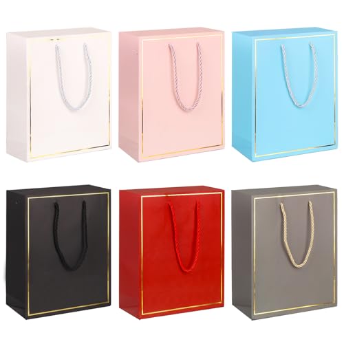 6pcs Pastel Gift Bag Bundle,Medium Size Gift Bags with Handle for Present,Pastel Blue, Pink, Red, Black, white,Grey for Christmas,Birthday,Easter,Bridal Showers,Any Occation (Pastel, Medium)