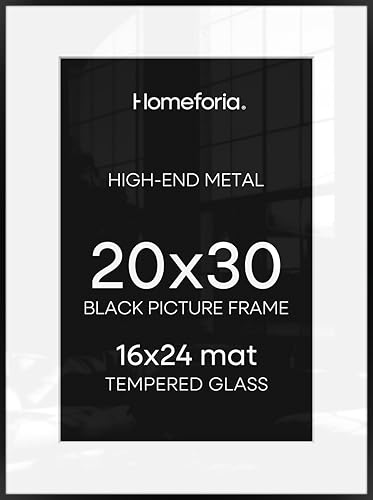 Image of Homeforia 20x30 Poster Frame Black, High End Metal 20 x 30 Picture Frames with Mat 16 by 24 inch Photo, 30x20 Large Frame for Wall, 20x30 Thin Frame Matted to 16x24, Tempered Glass, Wall Kit, Set of 2