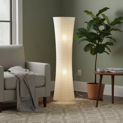 Trango Design Reispapier Stehlampe 1229L *SWISS* Reispapierlampe *HANDMADE* Stehleuchte mit weißem Lampenschirm inkl. 2x E14 LED Leuchtmittel, Form: Rund, Höhe: 125cm, Wohnraumlampe, Standlampe