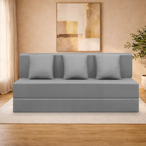 Image of Three-Seater Sofa Cum Bed Foldable Sofa Cum Bed Washable & Zipper |Jute Finish Fabric - Grey | 5' X 6' Feet