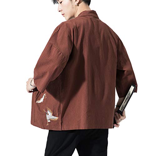 Image of PRIJOUHE Men's Kimono Jackets Cardigan Lightweight Casual Cotton Blends Linen Seven Sleeves Open Front Coat Outwear