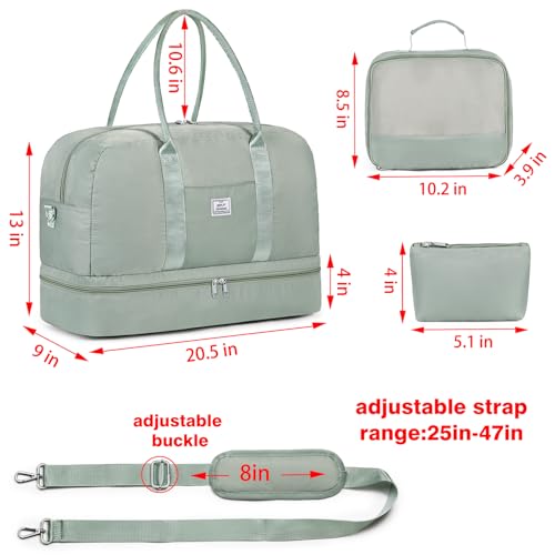 Image of Weekender Bag for Women, Large Overnight Bag Canvas Travel Duffel Bag Carry On Tote with Shoe Compartment 21 inch 3Pcs Set, D04-green, Large, Travel