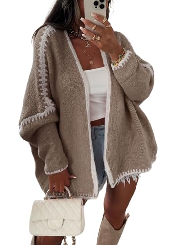 Image of chouyatou Women Fall Open Front Color Block Cardigan Sweater Casual Striped Chunky Knit Oversized Cardigan