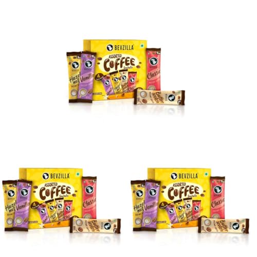Image of Bevzilla 48 Instant Coffee Powder Sachets (4 Flavours) - 96 Grams | Hazelnut, Classic, Vanilla & Butterscotch | 12 pouches Each Flavour | Arabica Coffee | Perfact for Espresso, Latte,Cappuccino | Hot & Cold Coffee
