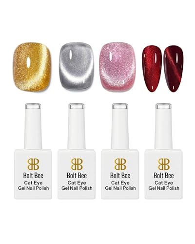 Image of BOLT BEE 4pcs 9ml Cat Eye Gel Nail Polish Magnetic Cat Eye Effect, Soak Off UV & LED Gel, Long-Lasting Glitter Nail Polish for Salon & Home Use (9ml gold, silver, pink & red)