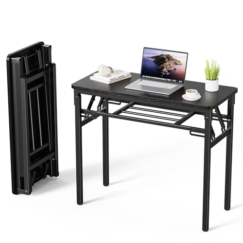 Sythdio Myth デスク 机 pcデスク 折り畳みパソコンデスク 幅80×奥行40×高さ75cm 角が丸い 多機能勉強机 2段収納 省スペース 完成品 組立不要 学習机 作業台 会議台 マニキュアテーブル使用可能 耐荷重50kg (ブラック)