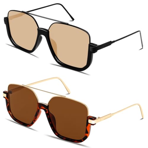 Image of GUVIVI Retro Oversized Aviator Sunglasses for Women Men Square Double Bridge Pilot Sun Glasses 70s Trendy Shades
