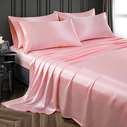 Pothuiny 6-Piece Satin Sheets for King Size Bed, Hotel Luxury Silky Blush Pink Satin Sheet Set, Satin Bed Sheets with 1 Satin Fitted Sheet + 1 Satin Flat Sheet + 4 Satin Pillowcases