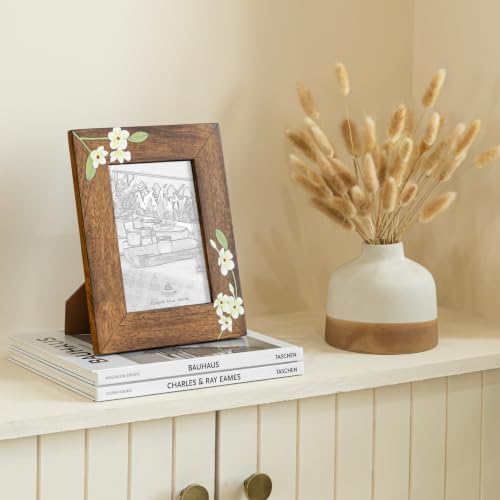Image of Aurum Crafts Bella Handpainted Wooden Photo Frame 5x7 Inch | Handcrafted Mango Wood Picture Frame with Floral Design | Tabletop & Wall Mount Frame for Home Decor