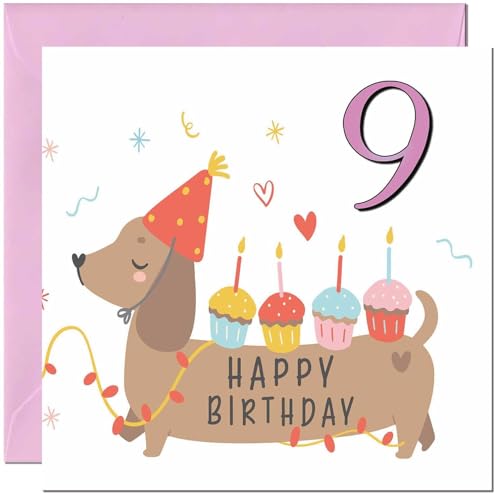 9th Birthday Card for Kids - Cute Sausage Dog Dachshund Birthday Card for 9 Year old Daughter Girl Kids Nine, Ninth Granddaughter Niece Sister cousin