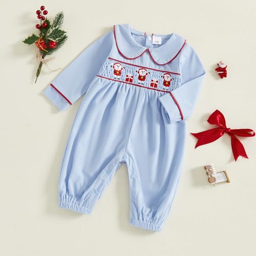 Newborn Baby Boy Girl Christmas Outfit Santa Smocked Romper Peter Pan Collar Long Sleeve Corduroy Jumpsuit Clothes3
