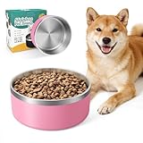 IKITCHEN Dog Bowl for Food and Water, 64 Oz Stainless Steel Pet Feeding Bowl, Durable Non-Skid Double Wall Insulated Heavy Duty with Rubber Bottom for Medium Large Dogs (64 Ounces/8 Cup, Pink)