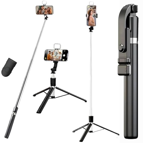 Image of Selfie Stick Tripod 5.6 Feet with LED Fill Light, Extendable Mobile Phone Stand for Video Recording, Vlogging, Live Streaming & Video Calls, 360 Rotation, Compatible with Android & iPhone