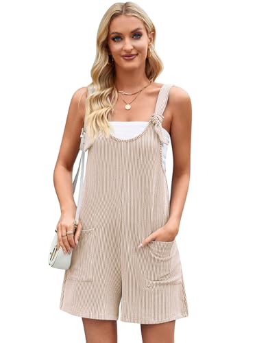 SotRong Womens Casual Ribbed Knit Short Jumpsuit with Adjustable Tie Straps and Front Pockets Cute Summer Sleeveless Romper Playsuit Baggy Loose Slouch Tank Overalls Apricot L