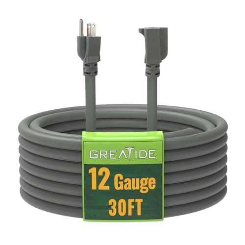 GREATIDE 30 Ft Outdoor Extension Cord - 12/3 SJTW Heavy Duty Grey Extension Cable with 3 Prong...