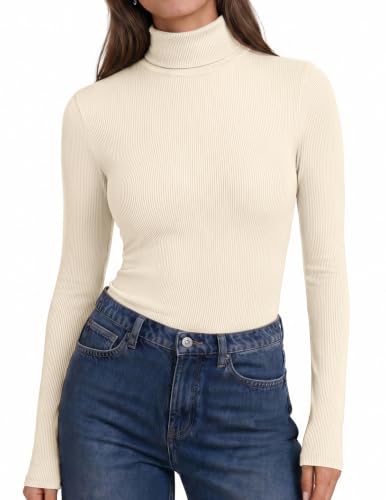 Ekouaer Womens Turtleneck Tops Winter Ribbed Long Sleeve Shirts Beige