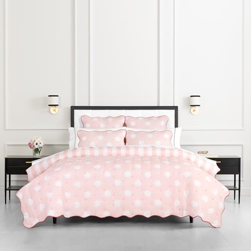 kate spade new york Stripe Dot 3-Piece Full/Queen Quilt Bedding Set, 100% Cotton Reversible Cover, All Season Warmth Bedding, Machine Washable, Pink