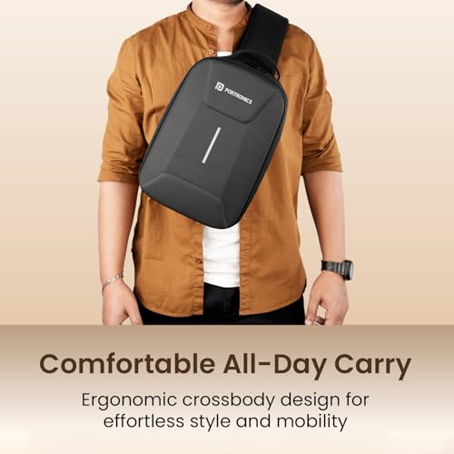 Image of Portronics Byte Mini, Unisex Crossbody Sling Bag with Water-Resistant Hard Shell, Fits Devices up to 13 Inches, Smart Organizer, Switchable Strap, Ergonomic Lightweight Design for Men and Women(Black)