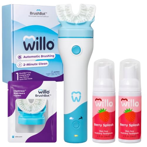 Image of Willo BrushBot Kids Toothbrush Kit, Small Berry Dye-Free | U-Shaped, Electric, Automatic, Rechargeable, with 2 Minute Timer, App Connectivity, Soft Bristles, Plaque Removal